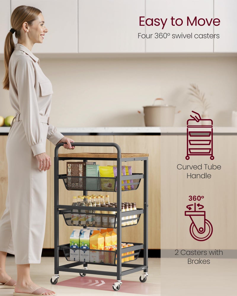 VASAGLE Storage Rolling Cart with Pull-Out Baskets, 4-Tier Utility Cart Orgnizer with Wheels for Laundry Room, Kitchen, Handle, 12.5 x 15.8 x 29.9 Inches, Rustic Brown and Ink Black ULRC040K01 - Image 5