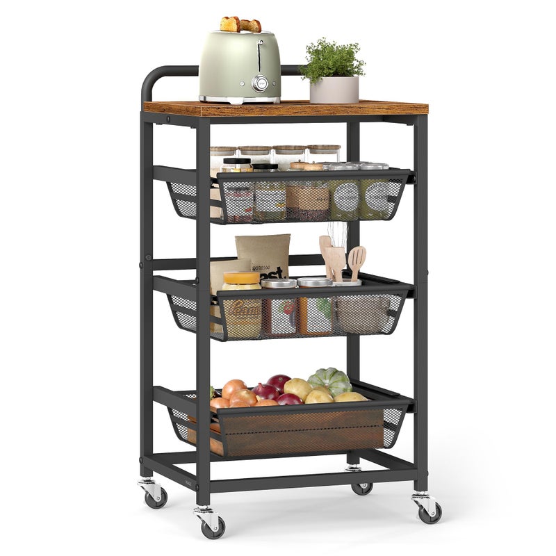 VASAGLE Storage Rolling Cart with Pull-Out Baskets, 4-Tier Utility Cart Orgnizer with Wheels for Laundry Room, Kitchen, Handle, 12.5 x 15.8 x 29.9 Inches, Rustic Brown and Ink Black ULRC040K01 - Image 1