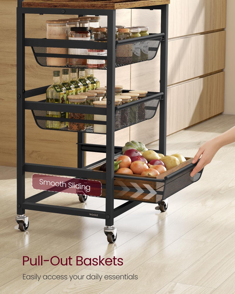 VASAGLE Storage Rolling Cart with Pull-Out Baskets, 4-Tier Utility Cart Orgnizer with Wheels for Laundry Room, Kitchen, Handle, 12.5 x 15.8 x 29.9 Inches, Rustic Brown and Ink Black ULRC040K01 - Image 3