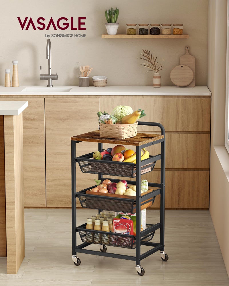 VASAGLE Storage Rolling Cart with Pull-Out Baskets, 4-Tier Utility Cart Orgnizer with Wheels for Laundry Room, Kitchen, Handle, 12.5 x 15.8 x 29.9 Inches, Rustic Brown and Ink Black ULRC040K01 - Image 2