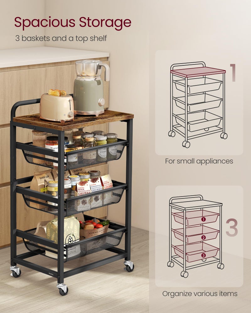 VASAGLE Storage Rolling Cart with Pull-Out Baskets, 4-Tier Utility Cart Orgnizer with Wheels for Laundry Room, Kitchen, Handle, 12.5 x 15.8 x 29.9 Inches, Rustic Brown and Ink Black ULRC040K01 - Image 4