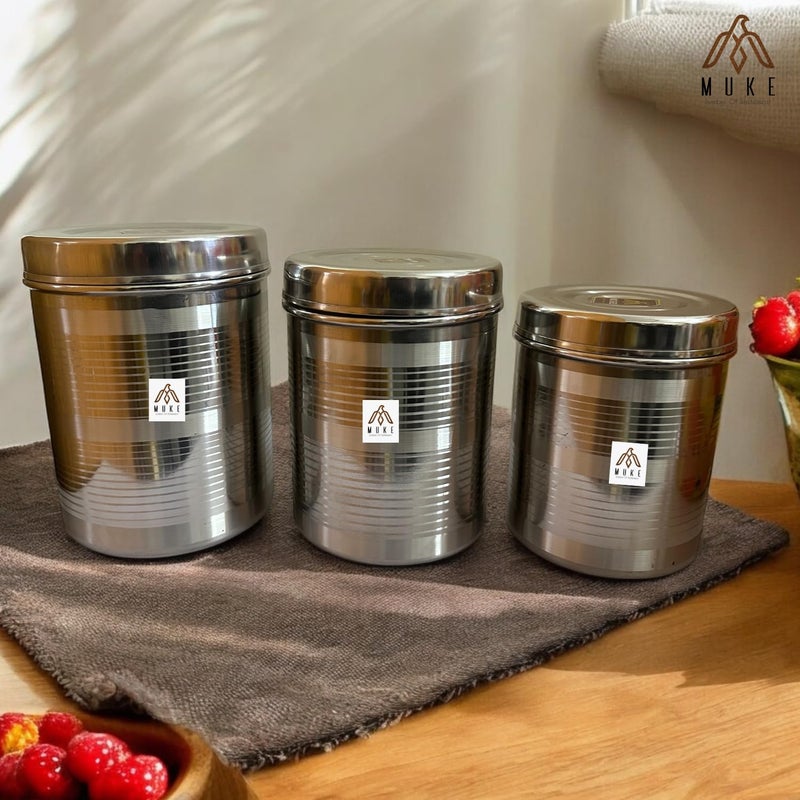 Muke Stainless Steel Vertical Storage Canisters Set of 3 Dabba for Kitchen Storage Container for Grains Sugar Rice 5 to 7kg - Image 2
