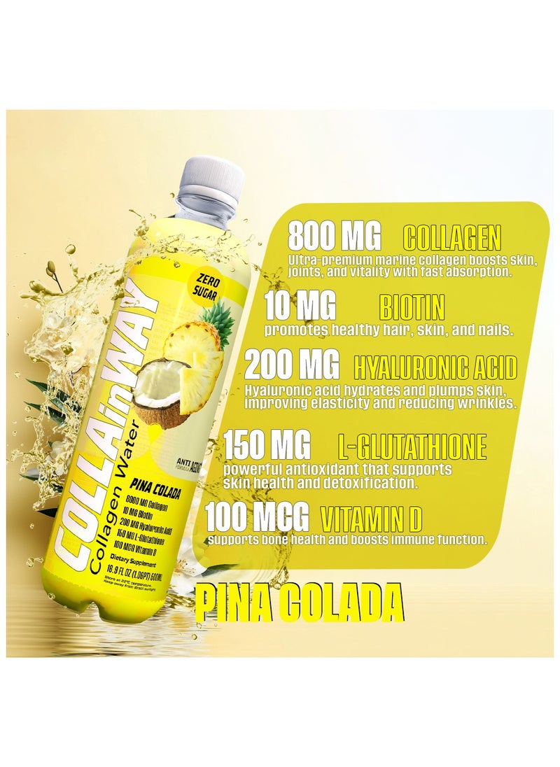 COLLAinWay - COLLAinWay Collagen Drink 8000mg Pina Colada - Zero Sugar , Biotin, Hyaluronic Acid, L-Glutathione, Vitamin D - Support Hair, Skin, Nail & Bone Health, Anti-Aging Hydrating Beauty Beverage Pack of 12 - Image 1
