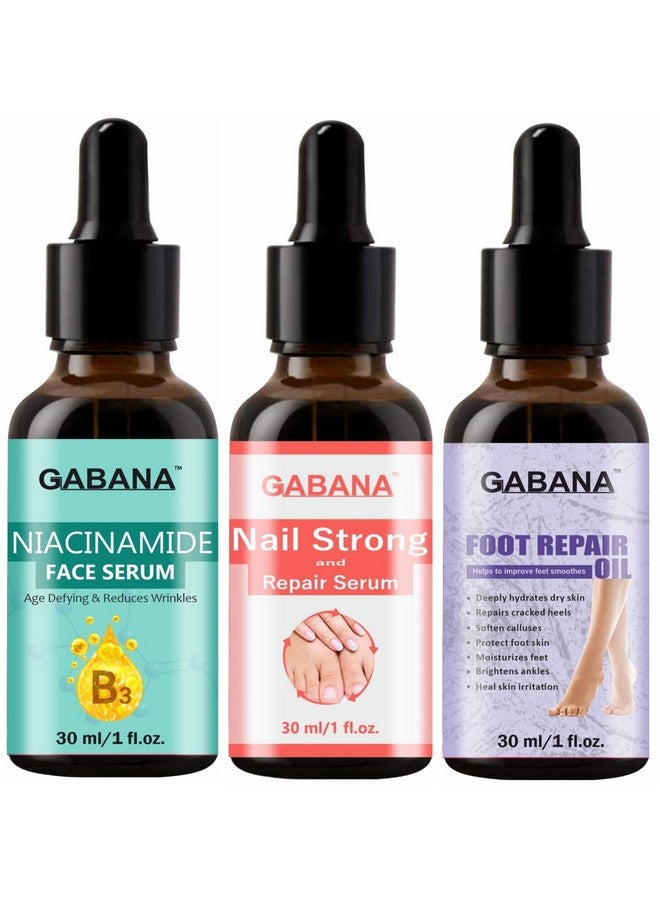 GABANA Niacinamide Face Serum and Nail Strong and Repair serum and Foot Repair Oil for Men and Women (Combo of 3, Each 30 ml)|SERUM for Glowing Skin Serum for Acne & Dark Spots Serum for Damaged Nails - Image 1