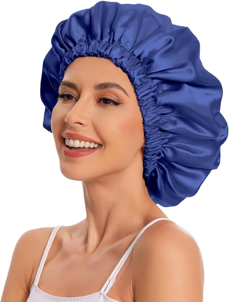 Edoneery Satin Bonnet Hair Cap for Sleeping - Slouchy Beanie Hat - Satin Sleep Cap for Women's Natural & Curly Hair (Navy) - Image 4