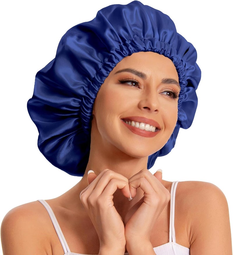 Edoneery Satin Bonnet Hair Cap for Sleeping - Slouchy Beanie Hat - Satin Sleep Cap for Women's Natural & Curly Hair (Navy) - Image 1