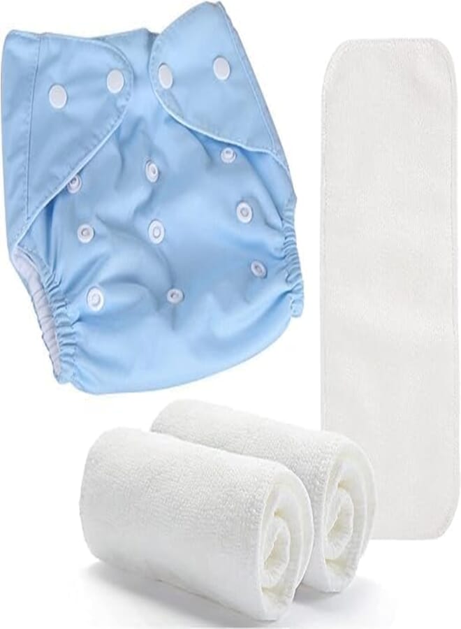 Baby Adjustable Cotton Pocket Diapers and Reusable Baby Washable Cloth Diaper Nappies for Babies, Infants, Toddlers, Age 0 to 3 Years, with 3 Microfiber Inserts (Blue)
