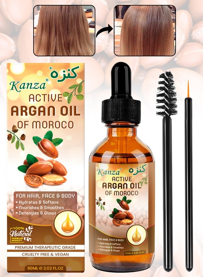 Kanza 60ml Multipurpose Argan Oil for Hair Body Skin Hydrates Softens Smooth and Glows Nourish the Scalp Promote Hair Growth Anti Breakage Loss 100% Pure and Organic Moroccan Argan Oil for Multipurpose Use  - Image 1