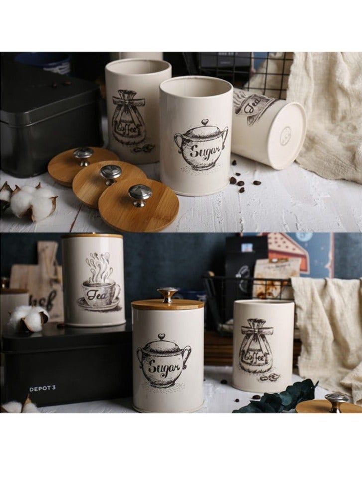 JAKTK Creative airtight moisture proof three piece jar set, metal vintage kitchen jars, coffee sugar tea jar set, food storage jars with bamboo lids, farmhouse kitchen decor, beige  - Image 5