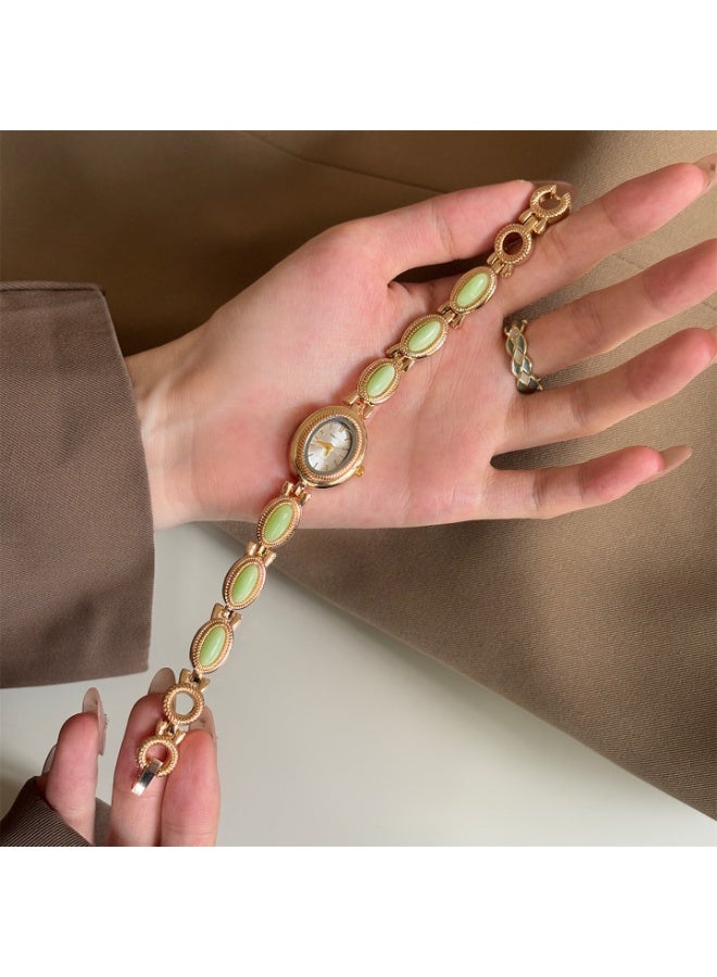 Retro Palace-Style Jade Oval Small Dial Bracelet Watch for Women