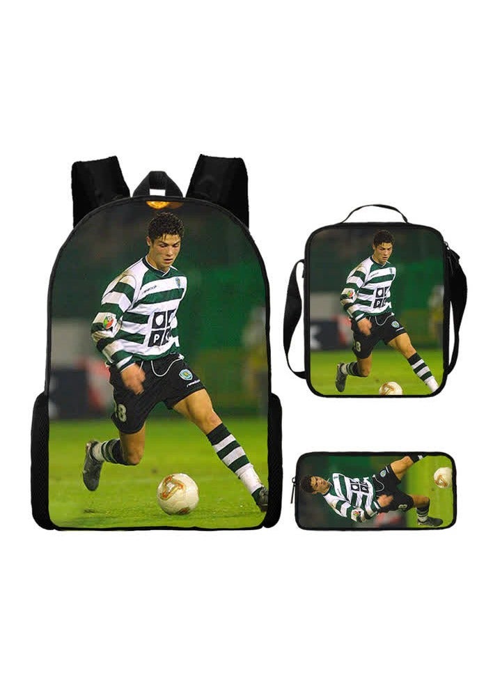 Football star Cristiano Ronaldo backpack print three-piece children's schoolbag primary and secondary school students backpack lunch bag pen bag,C-style - three-piece set - Image 1