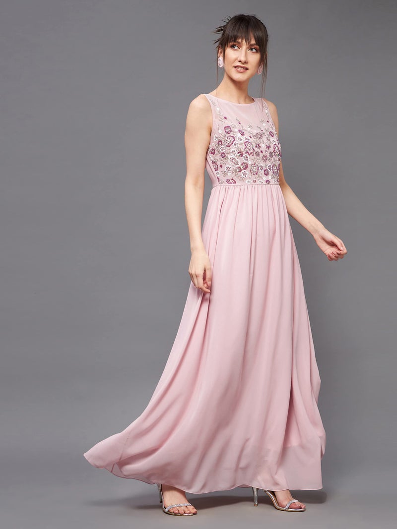 Miss Chase Women's Boat Neck Sleeveless Embellished Gathered Regular Dress (MCAW22D99-88-234-05, Dusty Pink, L) - Image 2