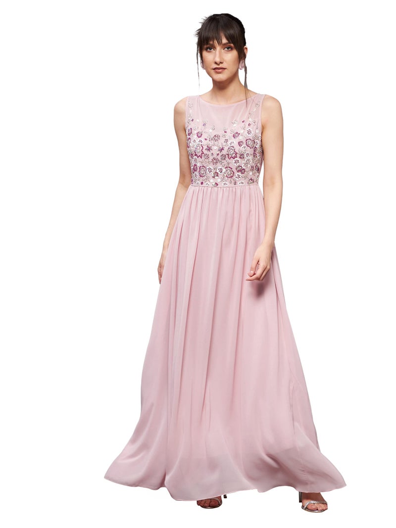 Miss Chase Women's Boat Neck Sleeveless Embellished Gathered Regular Dress (MCAW22D99-88-234-05, Dusty Pink, L) - Image 1