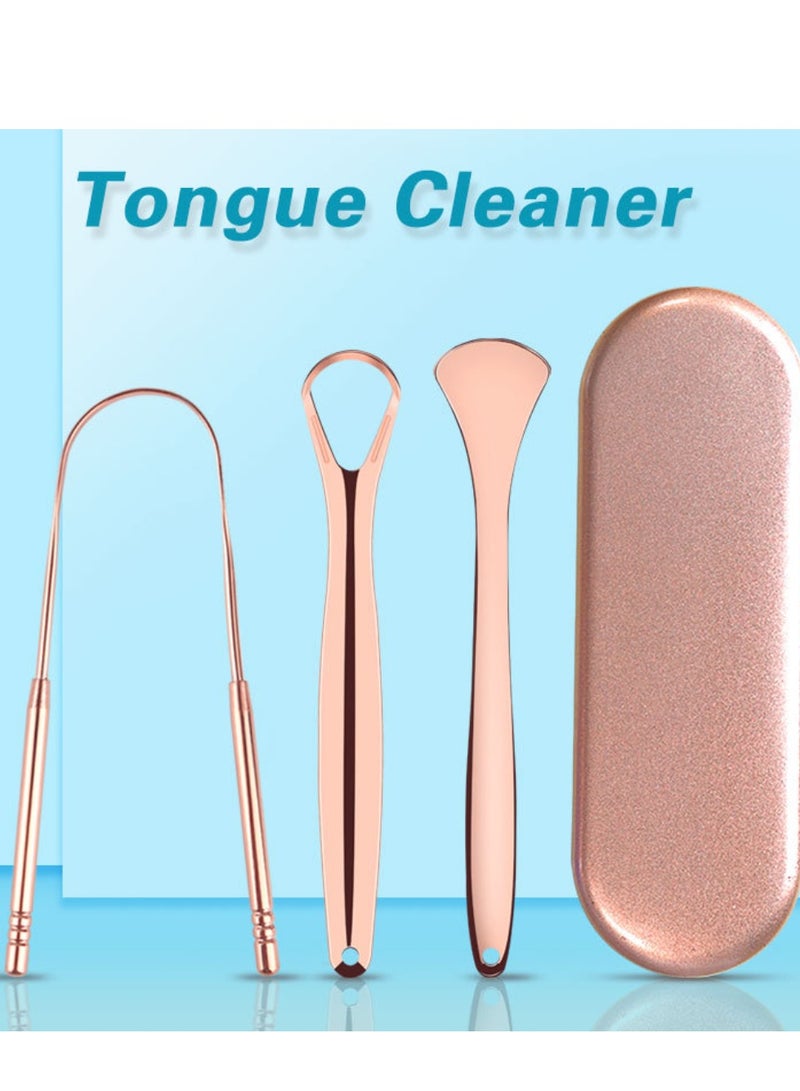مجموعة مكشطة اللسان المصنوعة من الفولاذ المقاوم للصدأ باللون الذهبي الوردي، مكونة من 3 قطع، مجموعة تنظيف الفم، منظف طلاء اللسان، مكشطة اللسان - Image 1