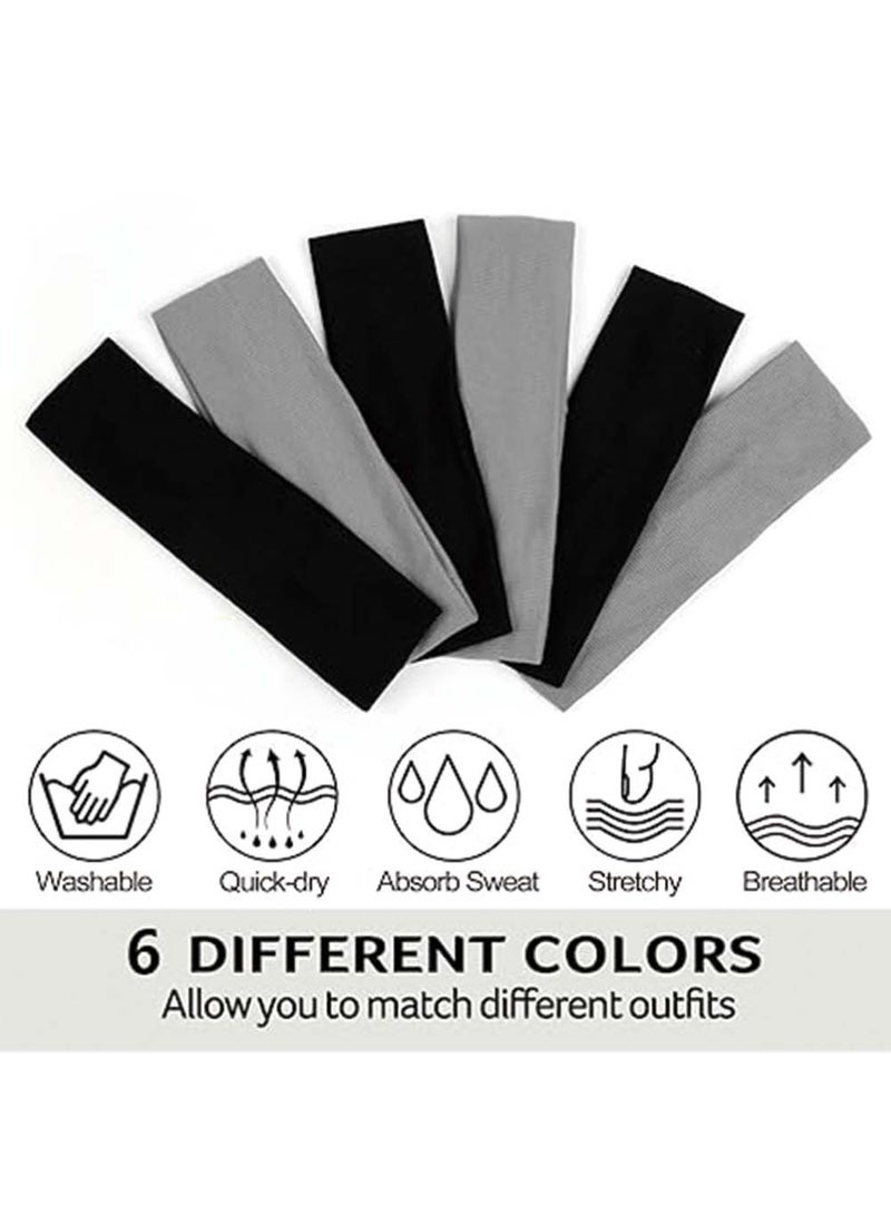 Dougez 6 Pcs Headbands for Women Non Slip - Fashion Yoga Sports Hair Bands for Women's Hair, Soft Elastic Cotton Cloth Sweat Headbands for Women for Workout Running Daily Black Gray 6PCS - Image 2