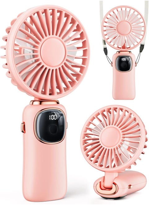 Portable Handheld Fan, 4000mAh Battery Operated Fan with LED Display, Handheld/Neck/Desk 3 in 1 Personal Small Fan, 90° Foldable Desk Fan 5 Speed Lash Fan Makeup Fan for Women