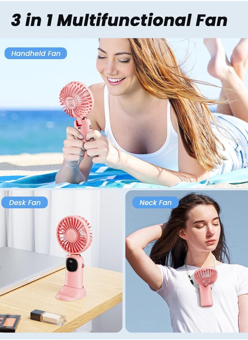 Portable Handheld Fan, 4000mAh Battery Operated Fan with LED Display, Handheld/Neck/Desk 3 in 1 Personal Small Fan, 90° Foldable Desk Fan 5 Speed Lash Fan Makeup Fan for Women