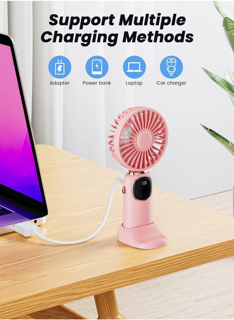 Portable Handheld Fan, 4000mAh Battery Operated Fan with LED Display, Handheld/Neck/Desk 3 in 1 Personal Small Fan, 90° Foldable Desk Fan 5 Speed Lash Fan Makeup Fan for Women