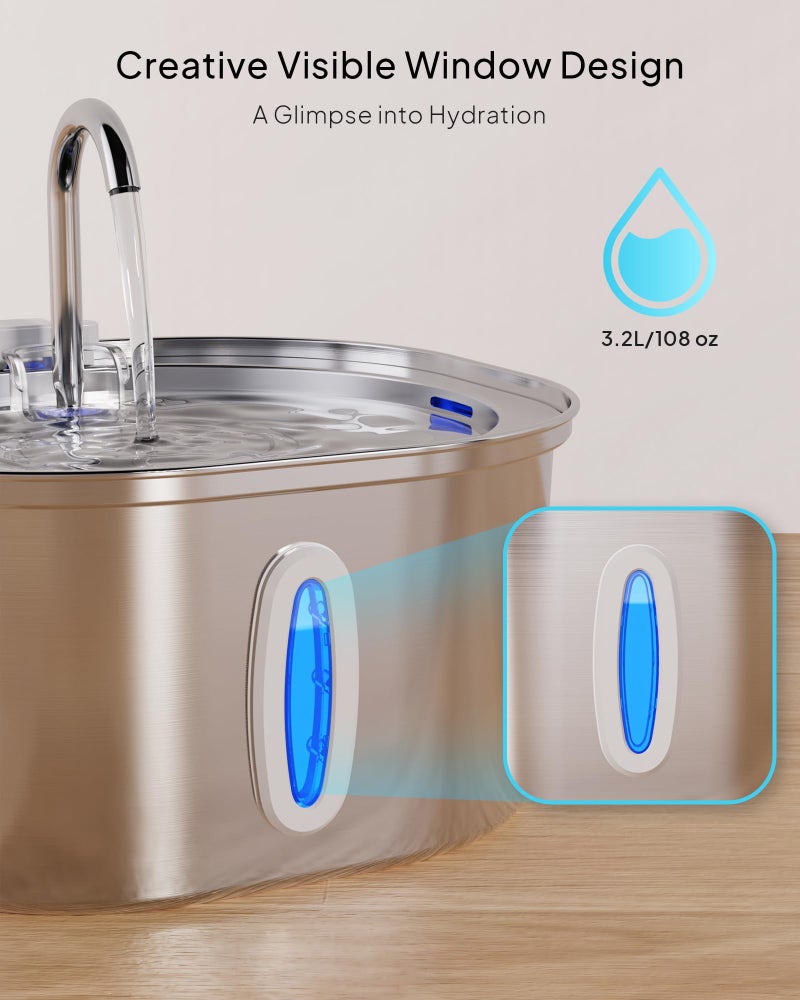 PEKTACO Cat Water Fountain - 3.2L/108oz Stainless Steel Pet Water Drinking Fountain for Cats Indoor, Dog Water Fountain with Water Level Window - Image 3