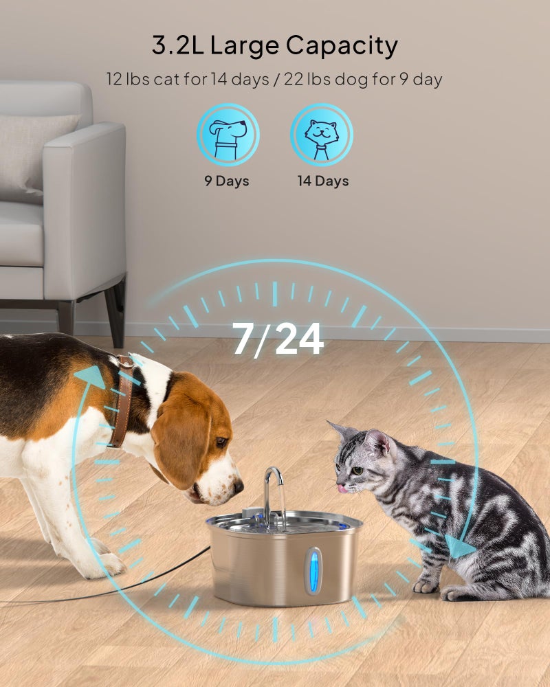 PEKTACO Cat Water Fountain - 3.2L/108oz Stainless Steel Pet Water Drinking Fountain for Cats Indoor, Dog Water Fountain with Water Level Window - Image 4