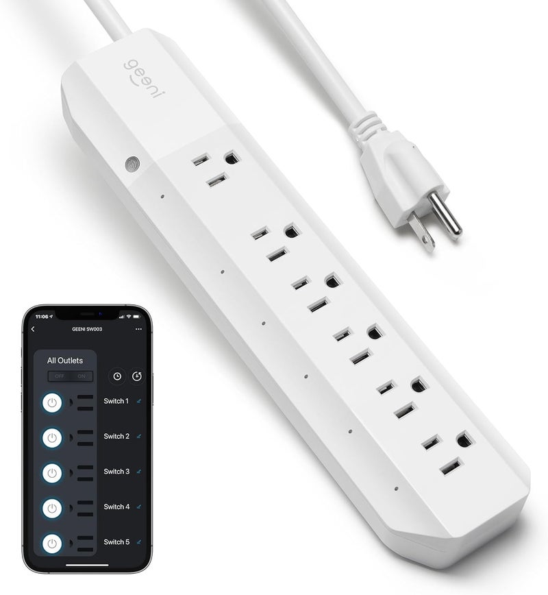 جهاز 6-Outlet لحماية الأجهزة من الصدمات الكهربائية الذكي، بدون حاجة إلى وحدة توصيل مركزية، مزود بجهاز تحكم عن بعد لاسلكي ومؤقت، متوافق مع خدمات Alexa وGoogle Assistant وMicrosoft Cortana، يتطلب شبكة Wi-Fi بتردد 2.4GHz، لونه أبيض. - Image 1