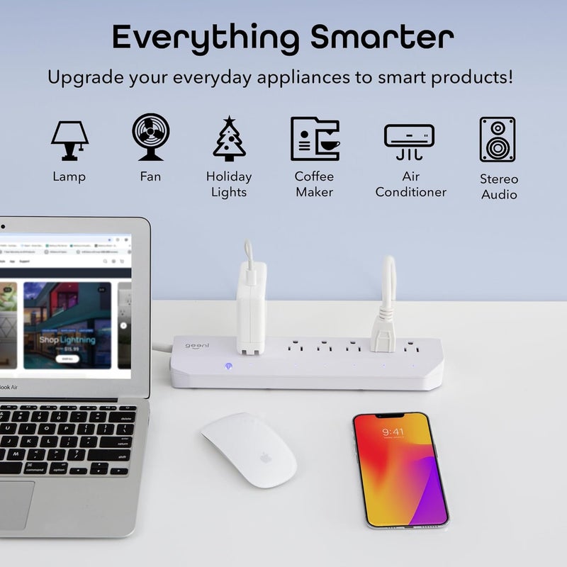 جهاز 6-Outlet لحماية الأجهزة من الصدمات الكهربائية الذكي، بدون حاجة إلى وحدة توصيل مركزية، مزود بجهاز تحكم عن بعد لاسلكي ومؤقت، متوافق مع خدمات Alexa وGoogle Assistant وMicrosoft Cortana، يتطلب شبكة Wi-Fi بتردد 2.4GHz، لونه أبيض. - Image 3