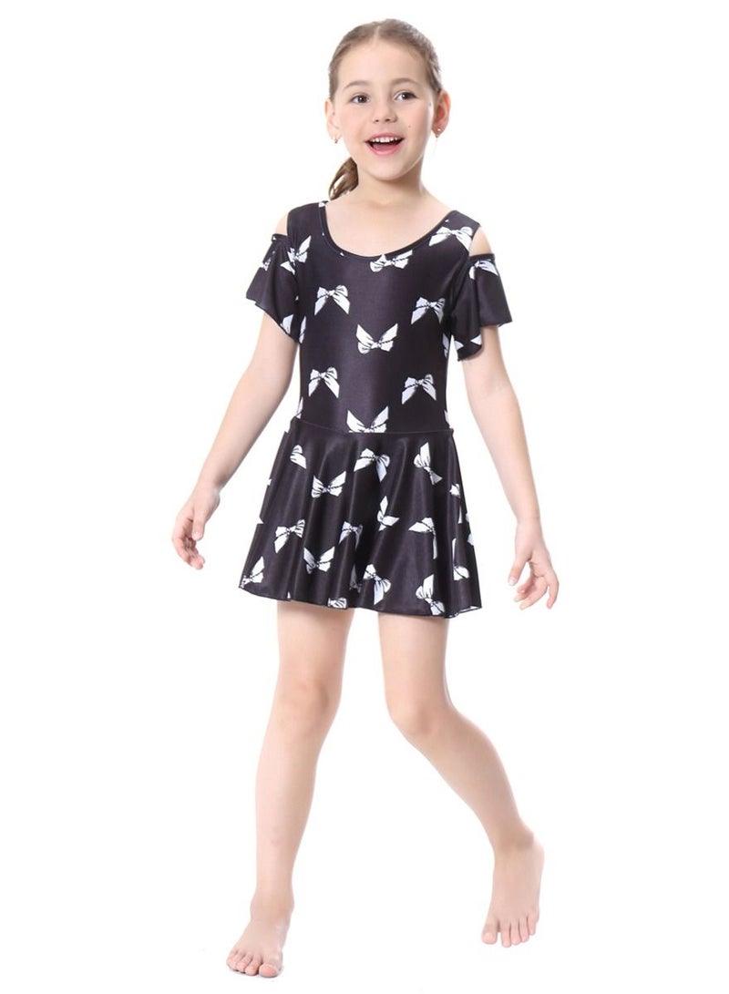 Loquat Girl's Printed Swimwear Dress Short Sleeve Burkini Swimsuit Set Black/White  - Image 1