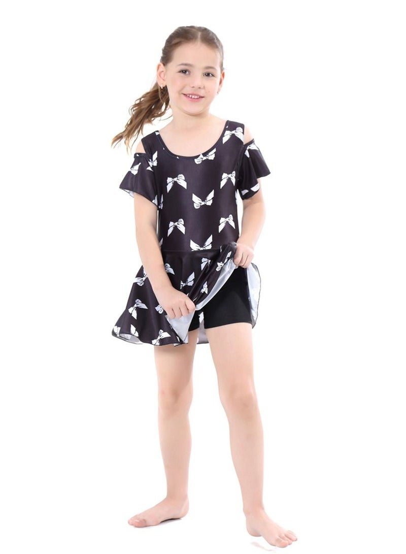 Loquat Girl's Printed Swimwear Dress Short Sleeve Burkini Swimsuit Set Black/White  - Image 2