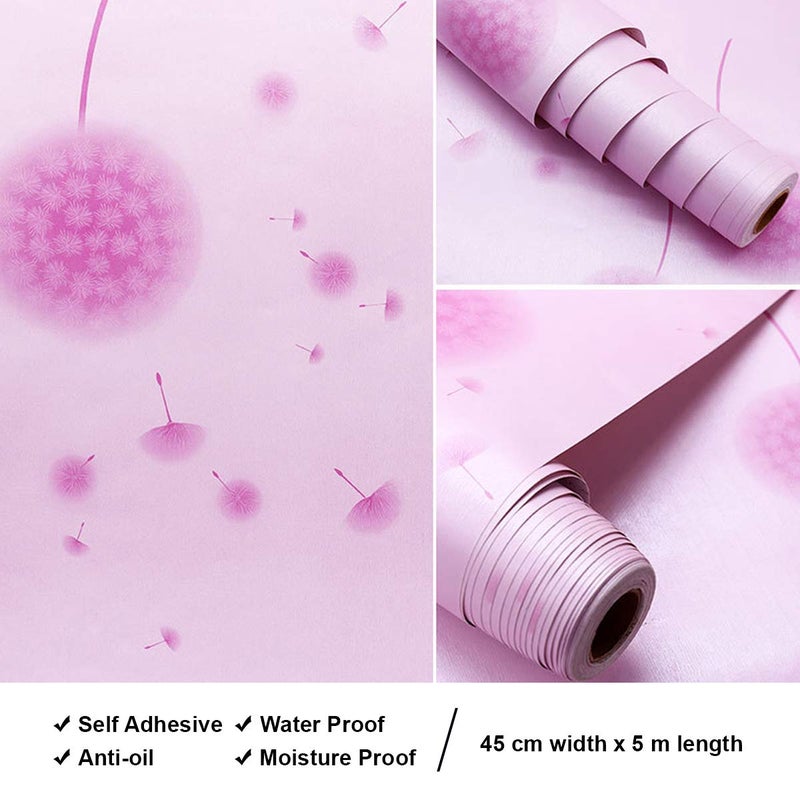 wolpin Wall Stickers PVC Wallpaper Hall Decor (45 x 500 cm) Pink Dandelion DIY Home Decoration Self Adhesive Flowers, Pink - Image 3