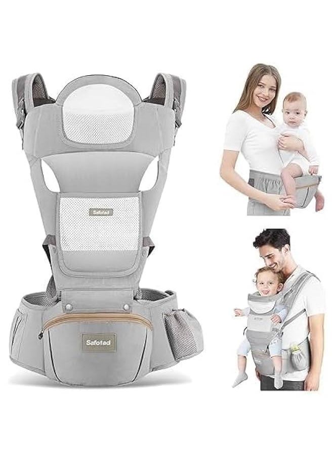 HOOKOR Baby Carrier with Hip Seat, Baby Backpack Carrier,Ergonomic Baby Strap Waist Stool Lumbar Support,Multi-Position Front and Back Breathable Carrier Slings for Newborn, Infant & Toddlers(Grey)  - Image 1
