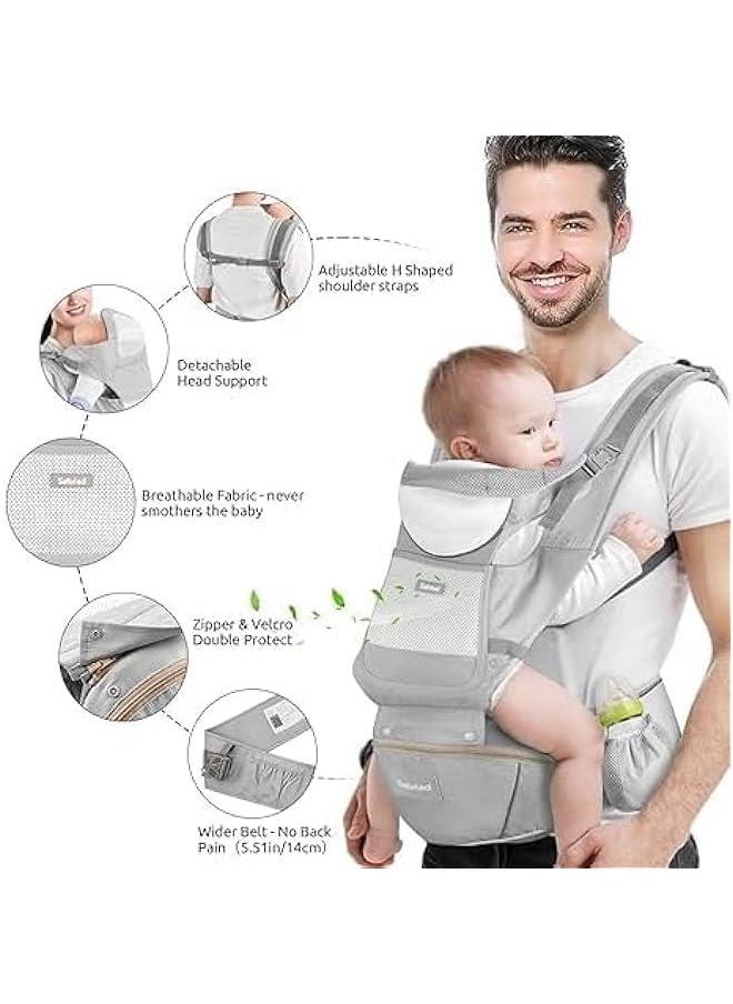 HOOKOR Baby Carrier with Hip Seat, Baby Backpack Carrier,Ergonomic Baby Strap Waist Stool Lumbar Support,Multi-Position Front and Back Breathable Carrier Slings for Newborn, Infant & Toddlers(Grey)  - Image 5