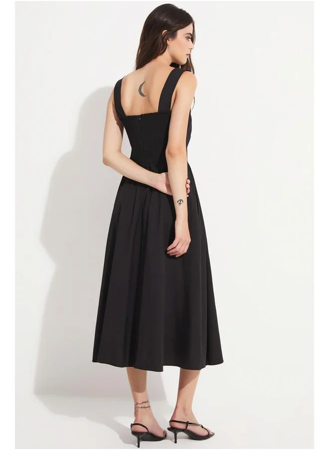 JUNE June Thick Strap Pleated Dress Black