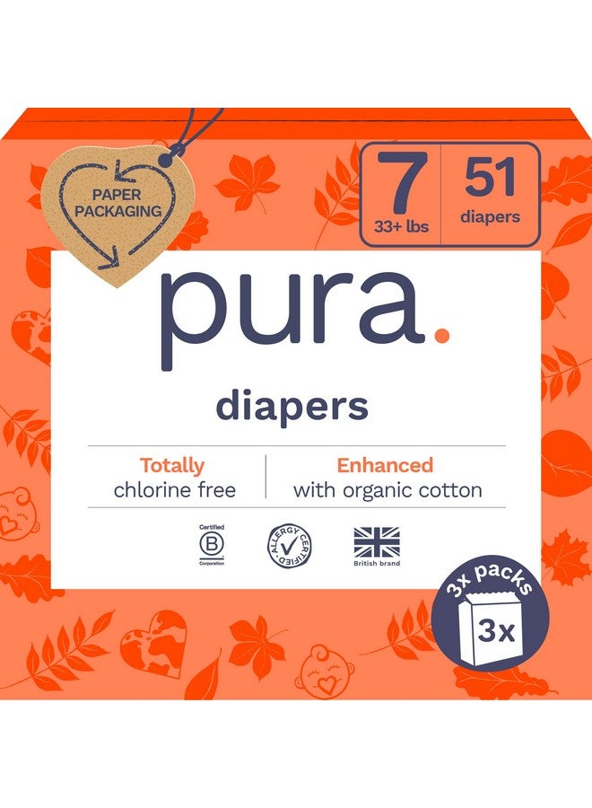 Pura Size 7 Eco-Friendly Diapers (33+Lbs) Totally Chlorine Free (Tcf) Hypoallergenic, Soft Organic Cotton, Sustainable, Up To 12 Hours Leak Protection, Allergy Uk, 3 Packs Of 17 (51 Diapers) - Image 1