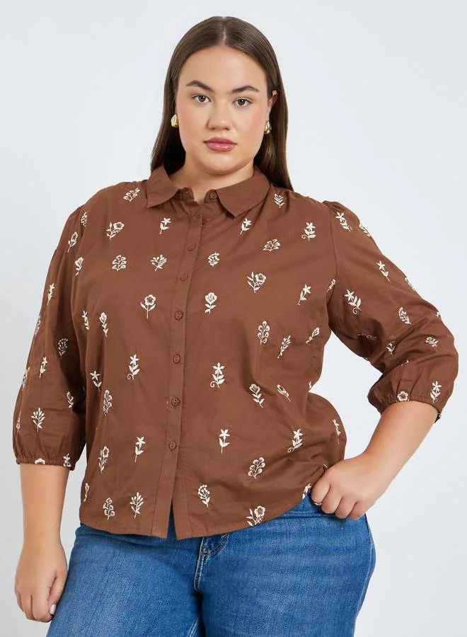 Styli Plus Size Floral Embroidered Shirt