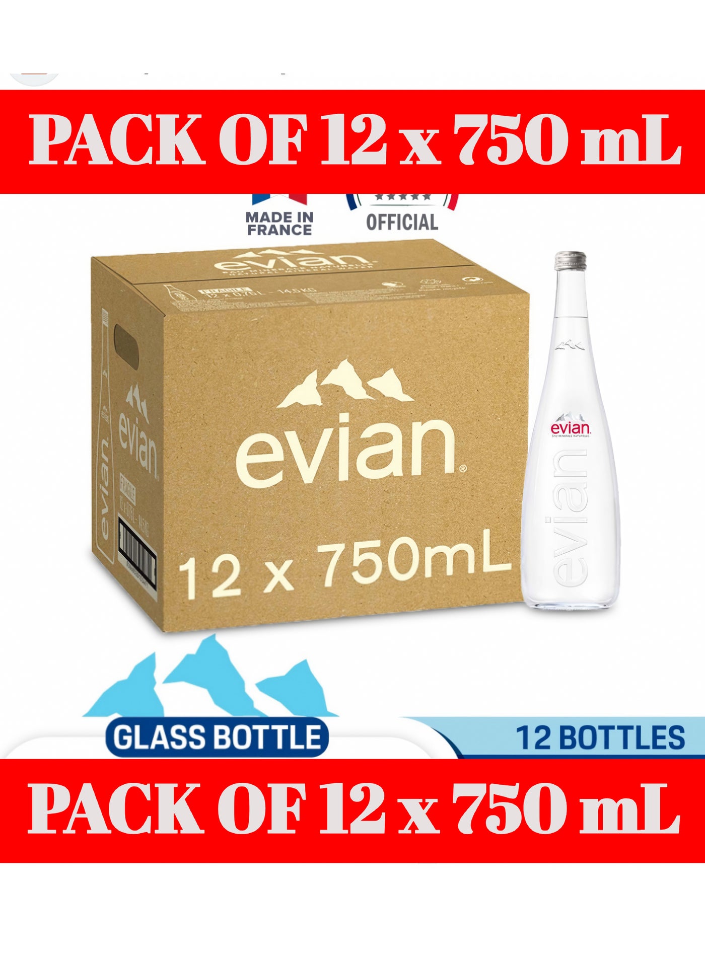 Evian Natural Mineral Water Still 750ml × 12 Glass Bottles | Premium Hydration