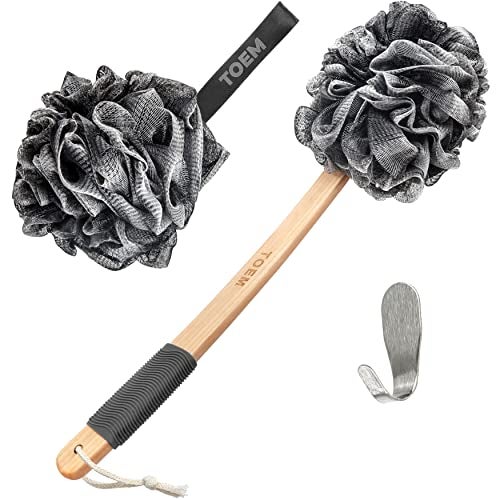 Toem Loofah Back Scrubber for Shower Bamboo Charcoal Fiber Infused Loufas for Men Women Includes 1 Long Handled Shower Sponge 1 Bath Shower Luffa Pouf 1 Hook to Hang Stuff Slate Grey