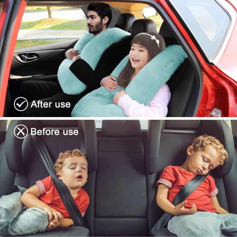U Shaped Neck Pillow: Green, Removable Cover - Soft Support Travel Pillow for Kids Long Trips, Car Back Seat Use - Image 2