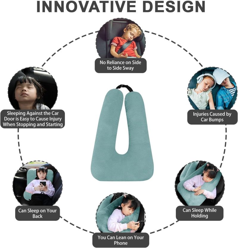 U Shaped Neck Pillow: Green, Removable Cover - Soft Support Travel Pillow for Kids Long Trips, Car Back Seat Use - Image 5