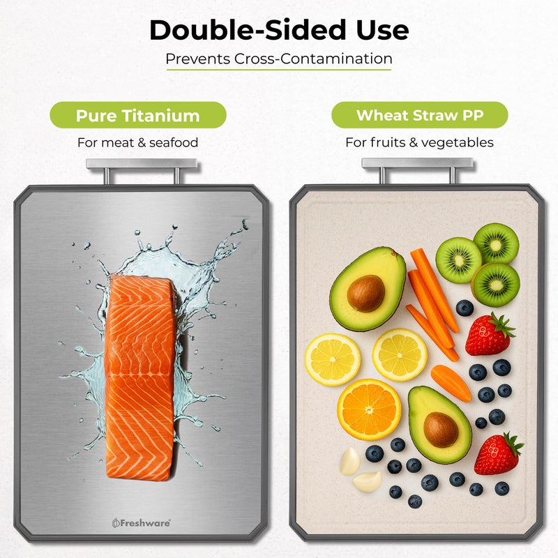 Freshware Titanium Cutting Board for Kitchen, Set of 2, Double Sided Cutting Boards, Pure Titanium/PP, Chopping Board with Juice Grooves, Dishwasher Safe, Medium 12.1" by 8.3" and Large 16.2" by 11" - Image 2