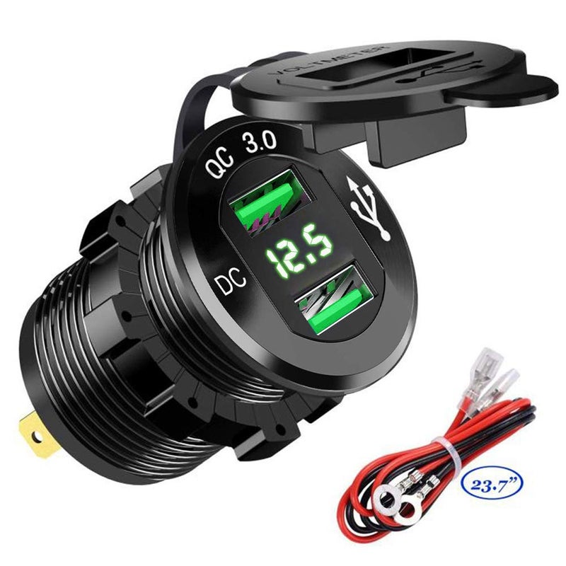 Quick Charge 3.0 Dual USB Car Charger Socket 12V/24V 36W QC3.0 Dual USB Fast Charger Aluminum Socket Power Outlet with LED Voltmeter for Marine, Boat, Motorcycle, Truck, Golf Cart