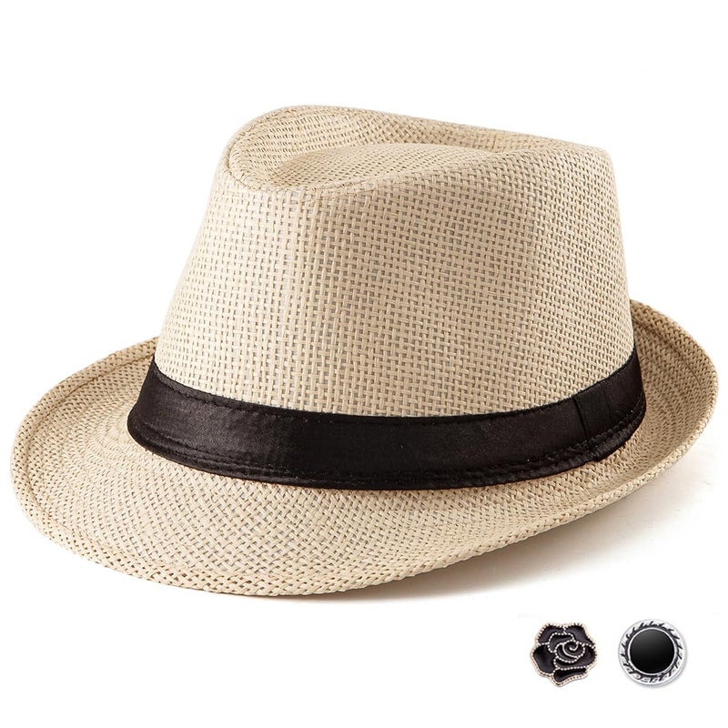 LADYBRO XL Beige Straw Fedora Hats for Men Summer Trilby Beach Travel Casual, 7 1/2 - Image 1