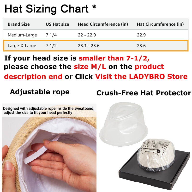 LADYBRO XL Beige Straw Fedora Hats for Men Summer Trilby Beach Travel Casual, 7 1/2 - Image 2
