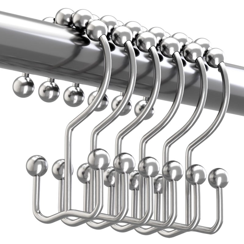 Titanker Shower Curtain Hooks Rings, Rust-Resistant Metal Double Glide Shower Hooks for Bathroom Shower Rods Curtains, Set of 12 Hooks - Chrome - Image 1