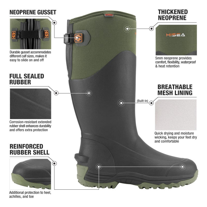 HISEA Rubber Rain Boots for Men, Waterproof Insulated Neoprene Hunting Boots, Durable Anti-Slip Outdoor Mud Boots for Hunting Gardening Farming Fishing Yard Working, Size 11 Green - Image 4