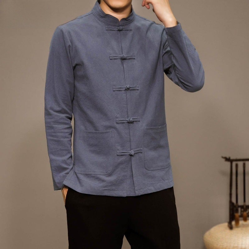 Chinese Style Cotton Linen Shirt Mens Long-Sleeved Trapped Tang Coat Solid Color Casual Shirt Vintage Mens Spring and Autumn Inner Cardigan Black - Image 2