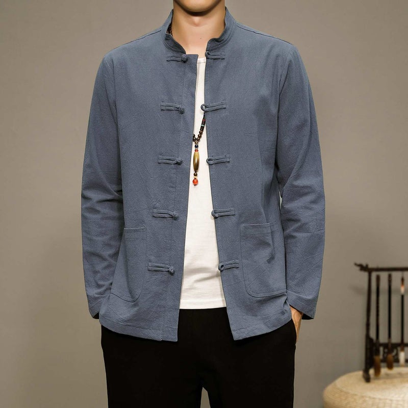 Chinese Style Cotton Linen Shirt Mens Long-Sleeved Trapped Tang Coat Solid Color Casual Shirt Vintage Mens Spring and Autumn Inner Cardigan Black - Image 3