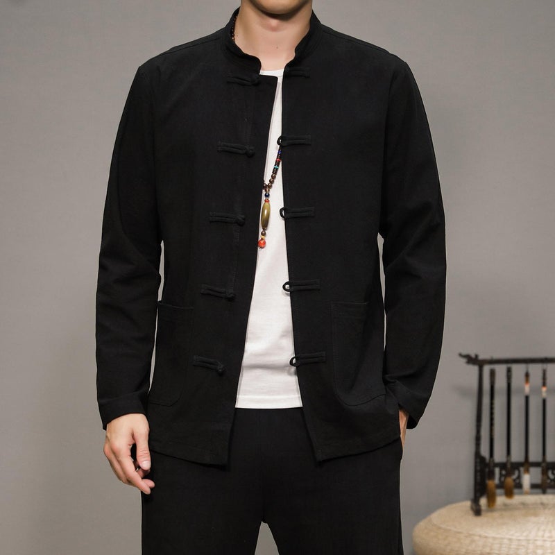 Chinese Style Cotton Linen Shirt Mens Long-Sleeved Trapped Tang Coat Solid Color Casual Shirt Vintage Mens Spring and Autumn Inner Cardigan Black - Image 5