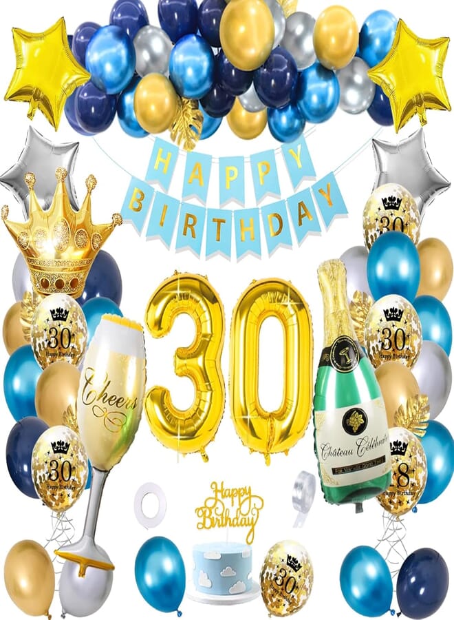 30th Birthday Men, SWPEED Blue Gold 30th Birthday Decoration Kit with Happy Birthday Banner Cake Topper, Navy Blue Gold Silver Balloons, Gold Confetti Balloons