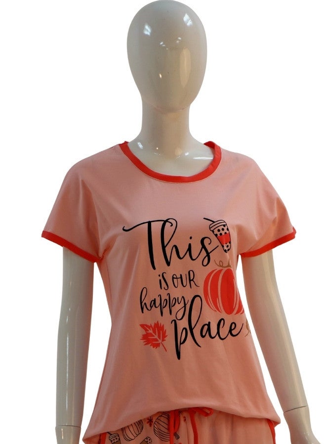 JOANNA JOANNA Women's This Is Our Happy Place Quotes Shirt and Short Pajama Set, Pink - Image 2