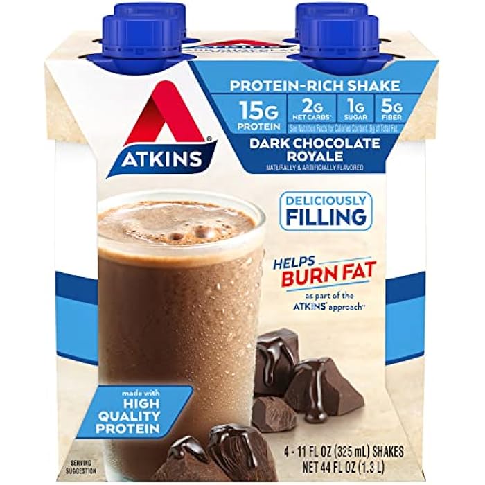 Atkins شيك بروتين شوكولاتة داكنة رويال من أتكينز. غني وكريمي مع بروتين. مناسب للكيتو وخالي من الغلوتين. (4 شيكات)، 11 أونصة سائلة - Image 1
